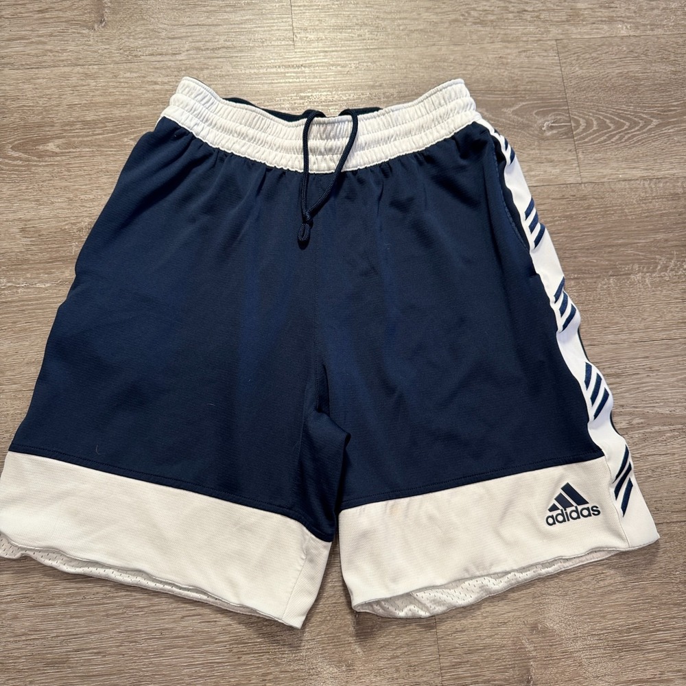 Vintage Adidas Shorts Boys XL Blue White Stripe 26W 8" Drawstring Basketball